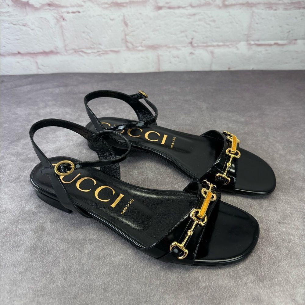 Gucci NIB Horsebit Black Patent Sandals Flats 38.5 - Picture 3 of 12